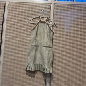 Mint Green Tweed Halter Shift Dress w/ Contrast Trim & Pleated Hem - Small